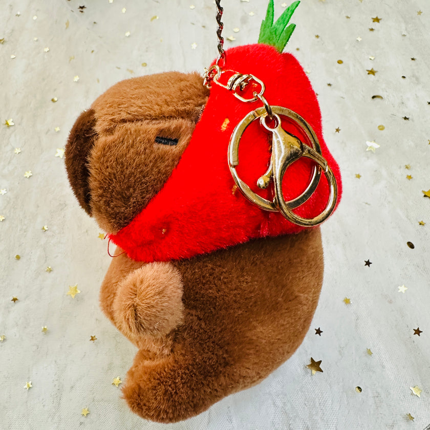 Capybara Strawberry Hat Plush Keychain
