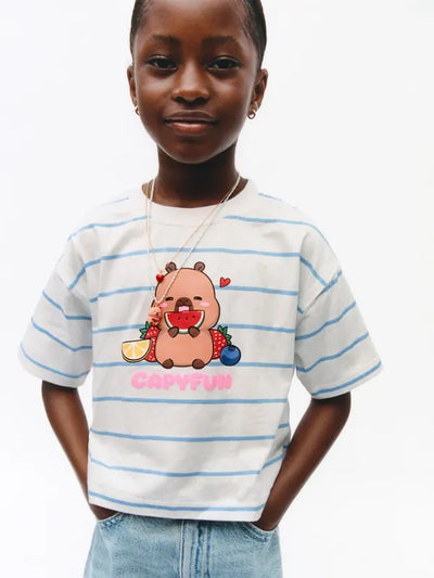 Child wearing a striped CapyFun capybara t-shirt