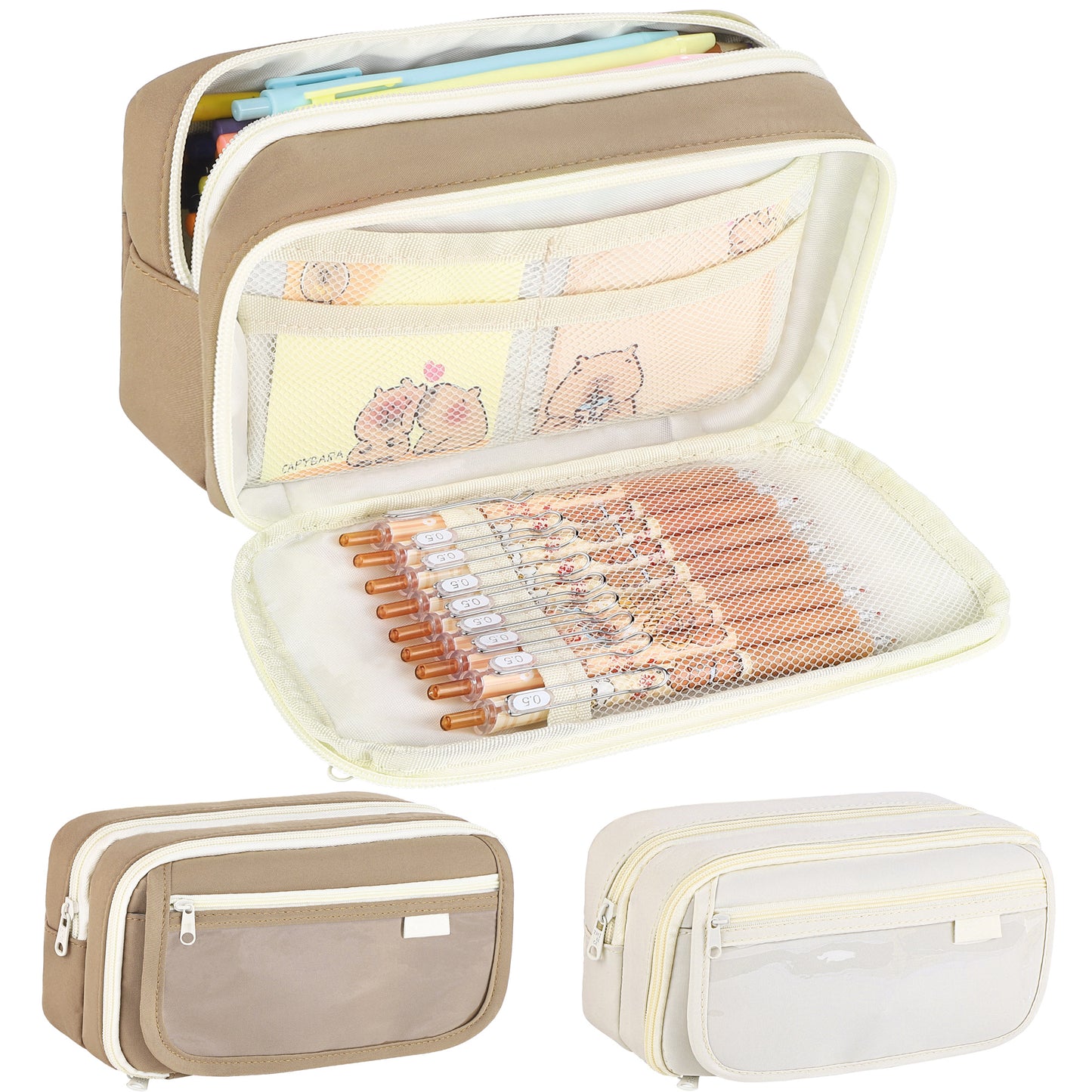 2 Pack Big Capacity Pencil Pen Case Organizer Brown White