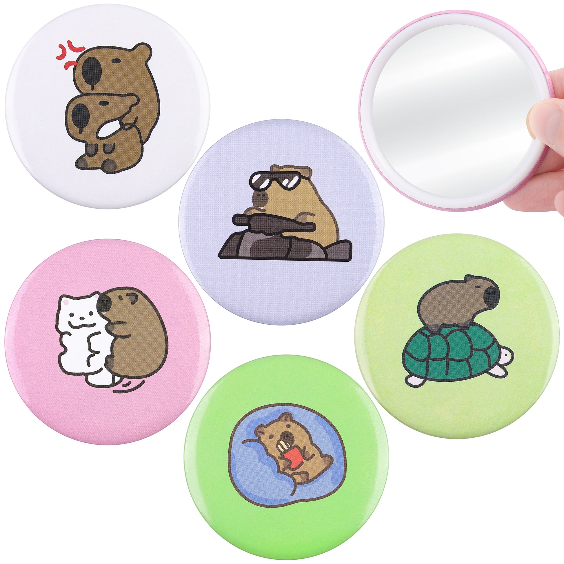 Cute Capybara Mini Mirror Set - 5 Round Mirrors compact cosmetics fashion accessory mirror gift for her home decor bag necessary