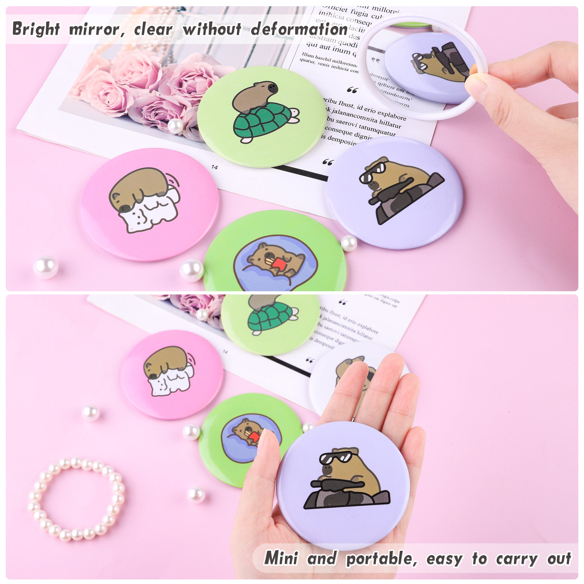 Cute Capybara Mini Mirror Set - 5 Round Mirrors compact cosmetics fashion accessory mirror gift for her home decor bag necessary