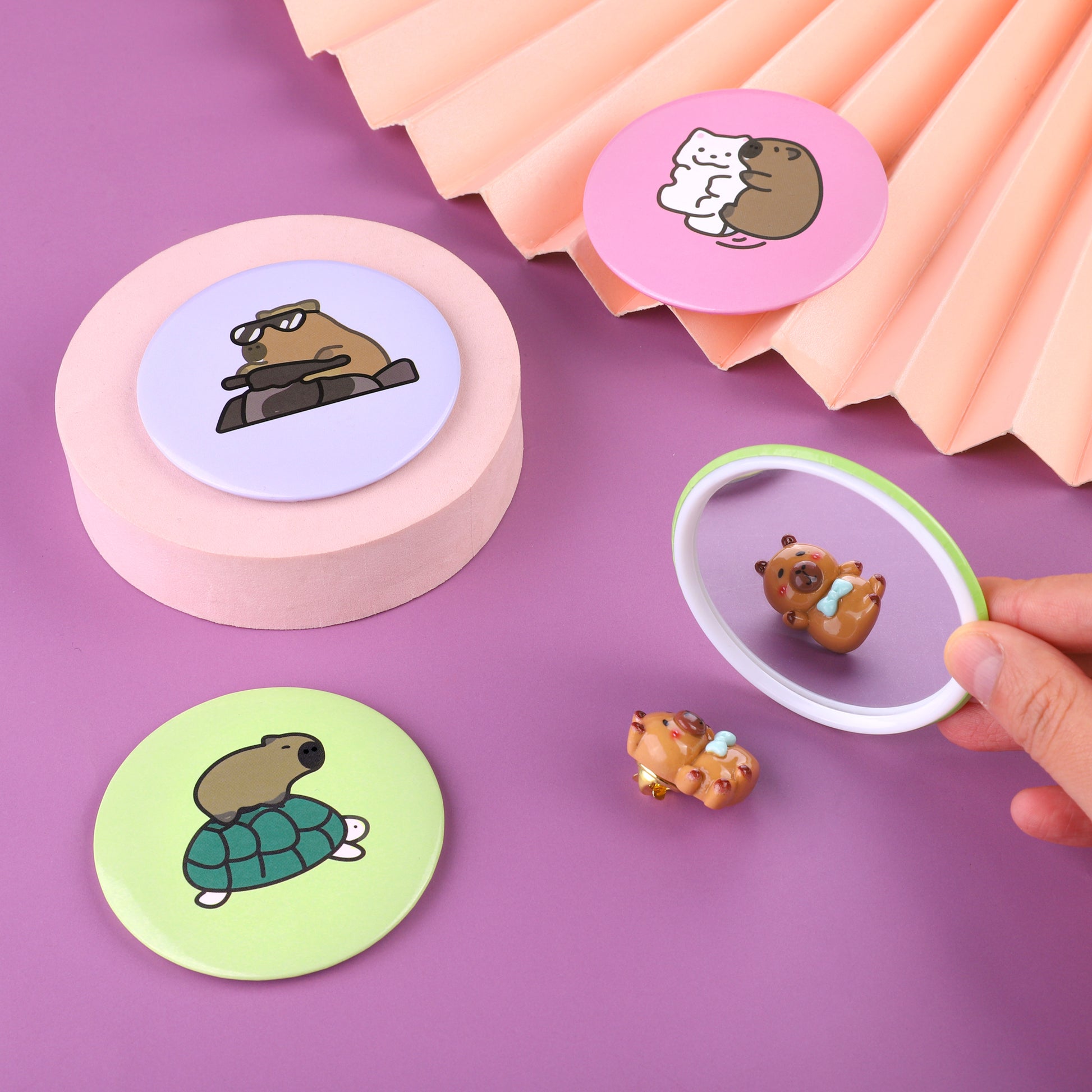 Cute Capybara Mini Mirror Set - 5 Round Mirrors compact cosmetics fashion accessory mirror gift for her home decor bag necessary