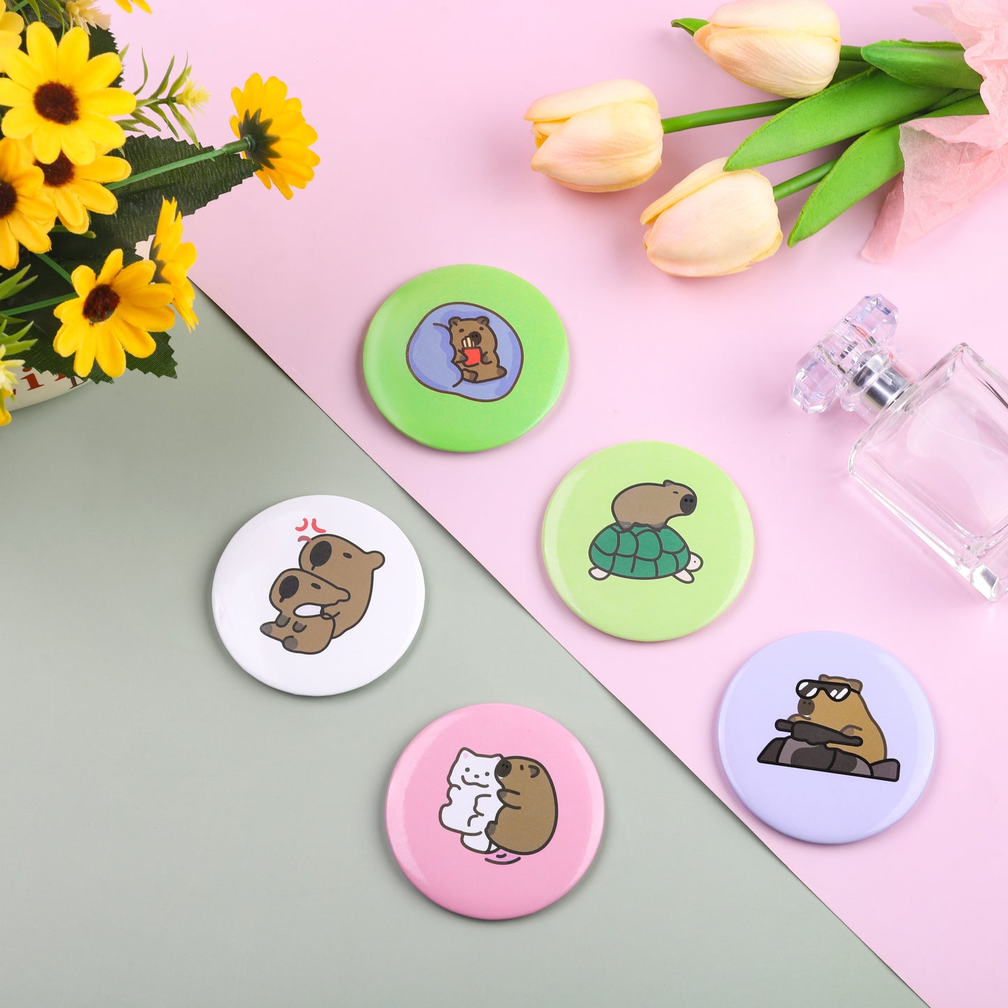 Cute Capybara Mini Mirror Set - 5 Round Mirrors compact cosmetics fashion accessory mirror gift for her home decor bag necessary