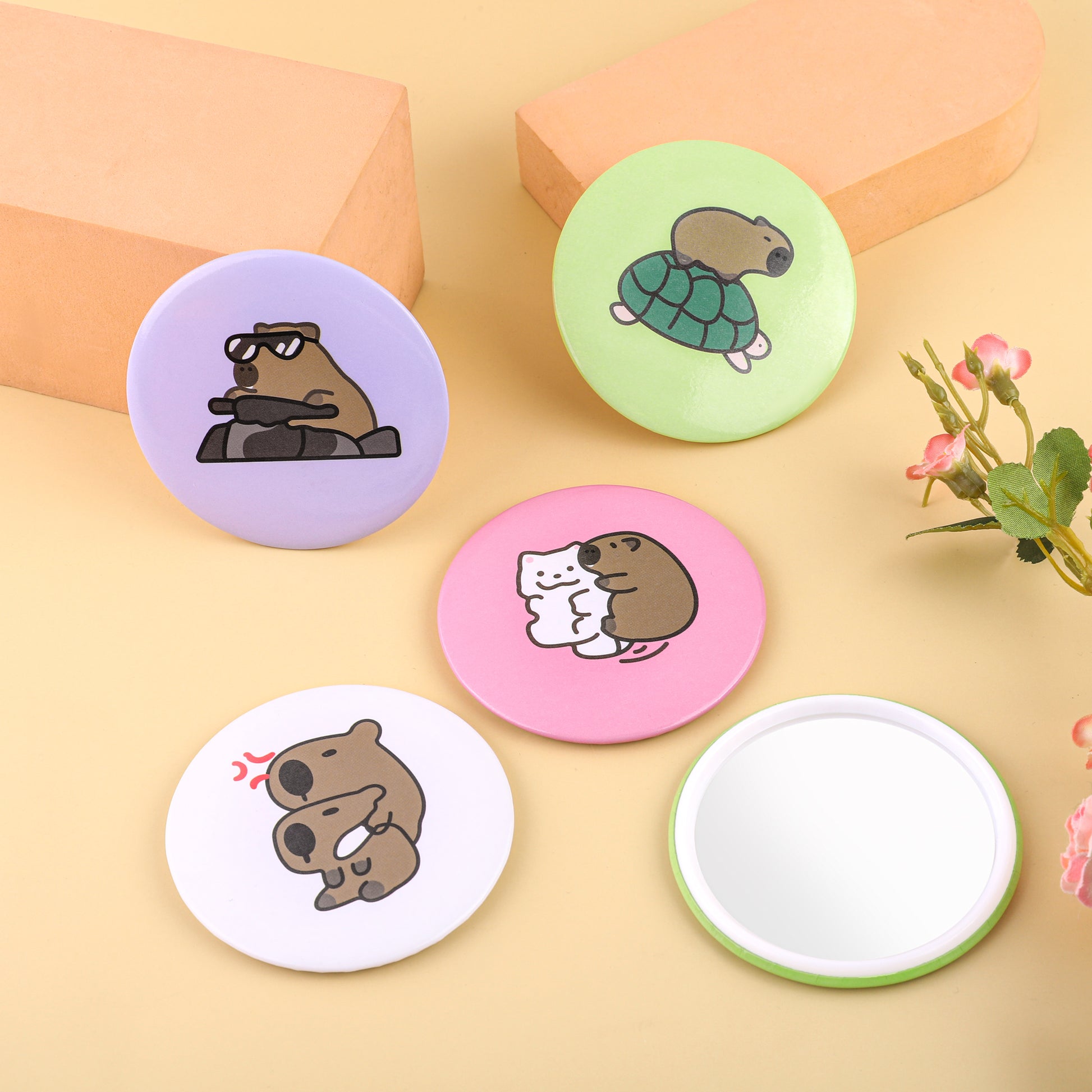 Cute Capybara Mini Mirror Set - 5 Round Mirrors compact cosmetics fashion accessory mirror gift for her home decor bag necessary