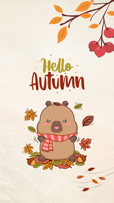Capybara autumn phone wallpaper with falling leaves