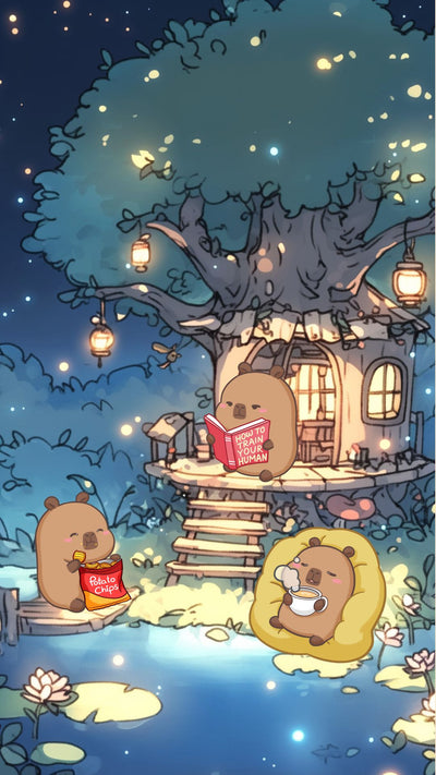 Capybara fairytale forest at night phone wallpaper
