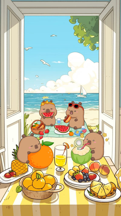 Capybara beach picnic phone wallpaper