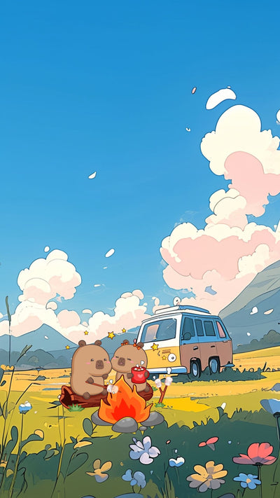 Capybara couple summer picnic phone wallpaper