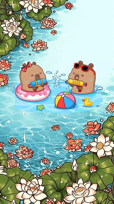 Capybara lotus pond pool party phone wallpaper