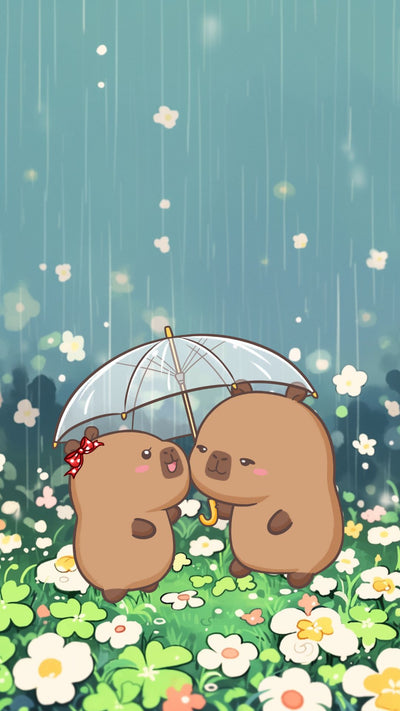 Capybara couple rainy day phone wallpaper