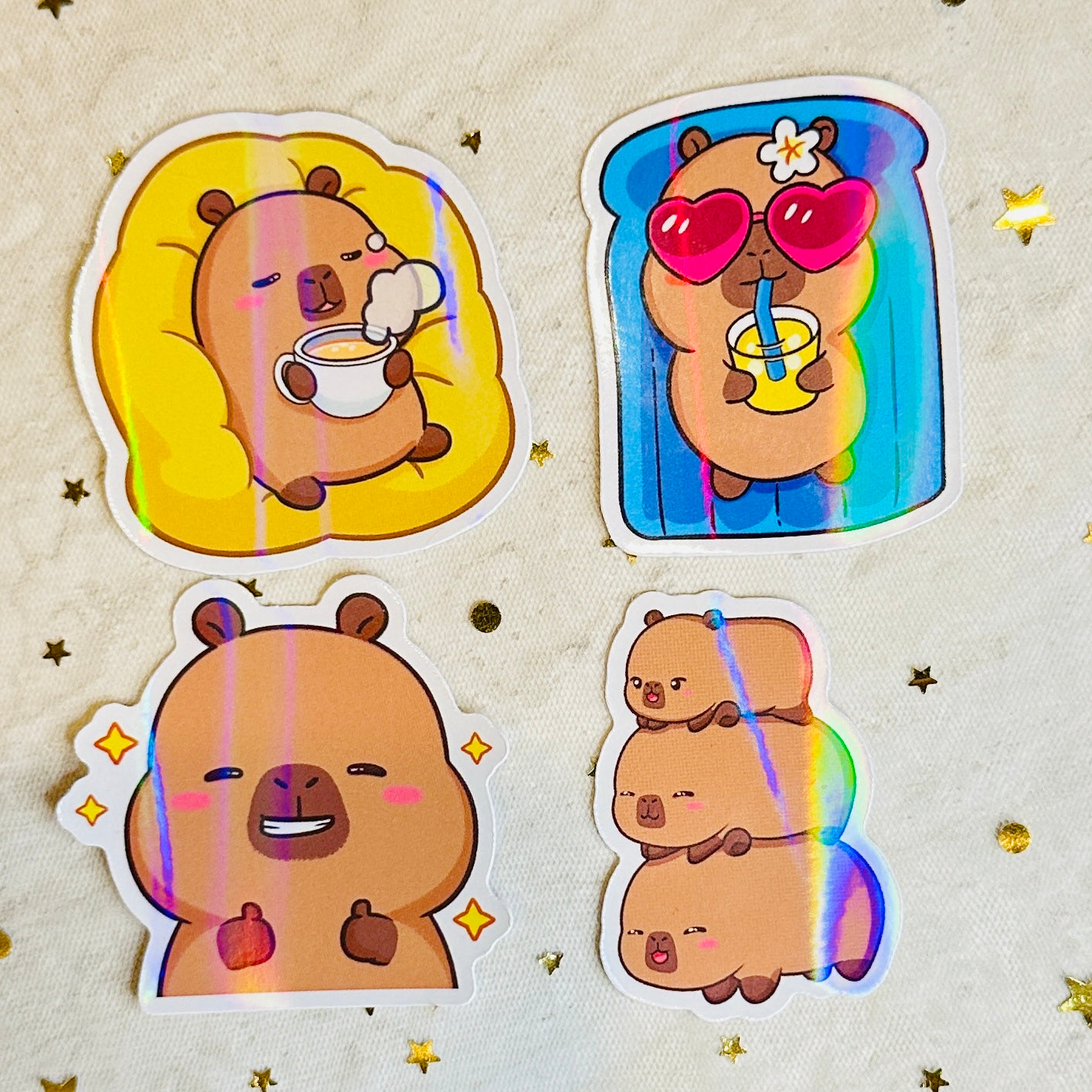 Capybara Holographic Vinyl Stickers Set Various Designs Animal Lover Cute Kawaii Decor