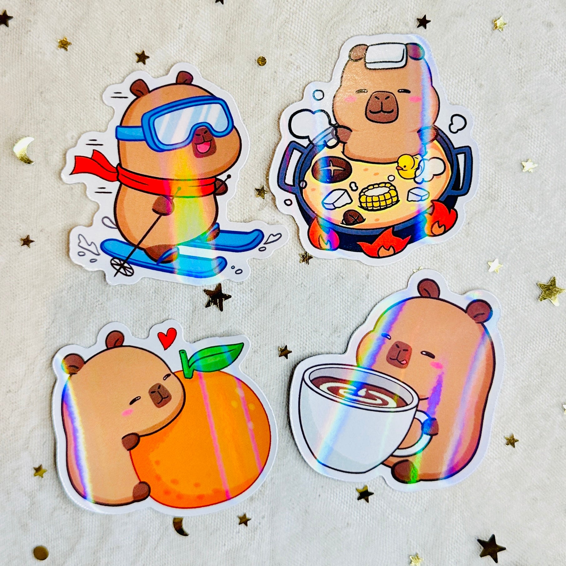 Capybara Holographic Vinyl Stickers Set Various Designs Animal Lover Cute Kawaii Decor