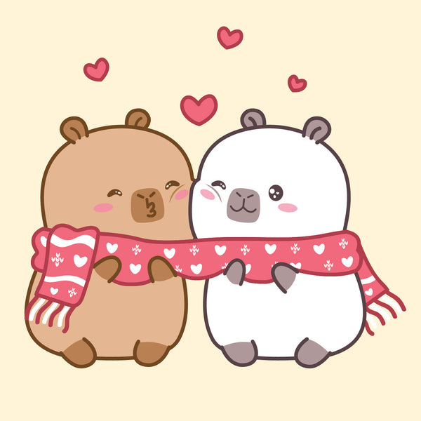 Coco and Cody, CapyFun capybara best friends, sharing a scarf