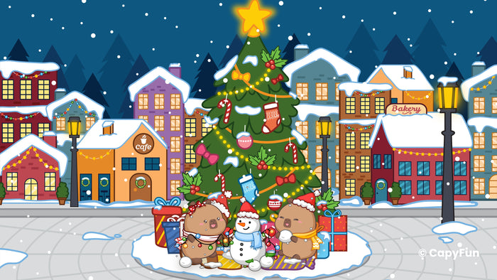 Capybara Christmas desktop wallpaper: snowy town with a Christmas tree