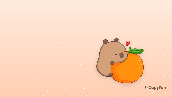 Capybara desktop wallpaper: Capy hugging an orange on peach