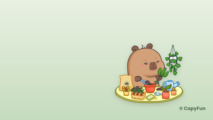 Capybara desktop wallpaper: Capy gardening on sage green