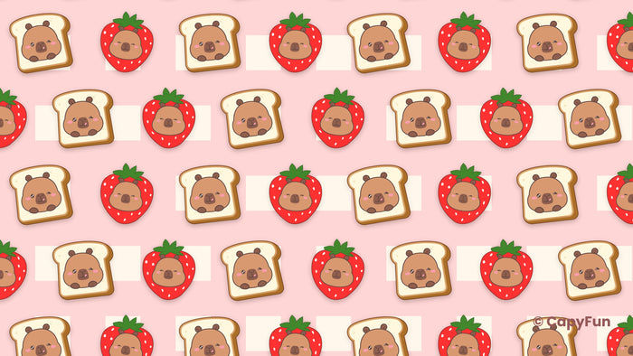 Capybara desktop wallpaper: strawberry and toast capybara pattern