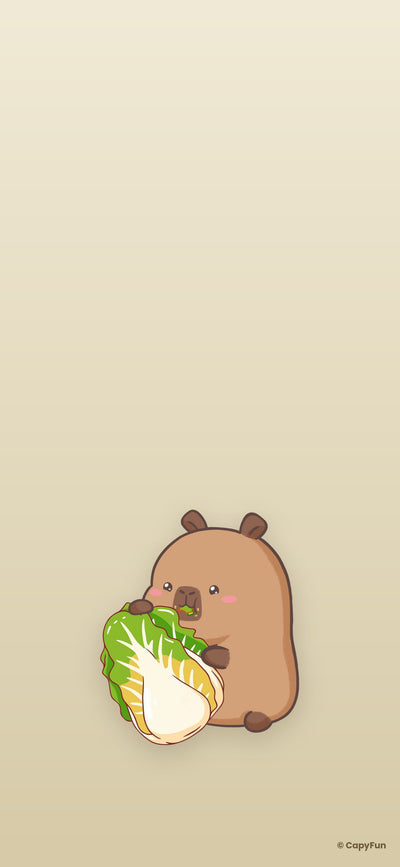 Capybara phone wallpaper: Capy with a cabbage on khaki