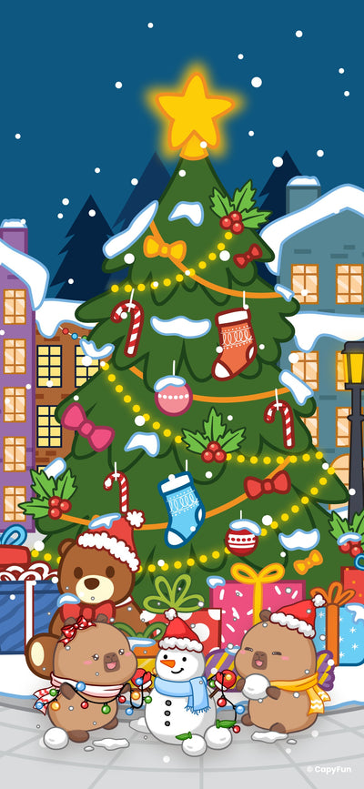 Capybara Christmas phone wallpaper: capybaras building a snowman by the tree