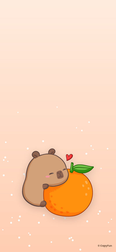 Capybara phone wallpaper: Capy hugging an orange on peach