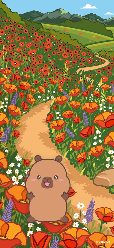 Capybara phone wallpaper: Capy in a California poppy field
