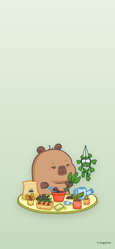 Capybara phone wallpaper: Capy gardening on sage green