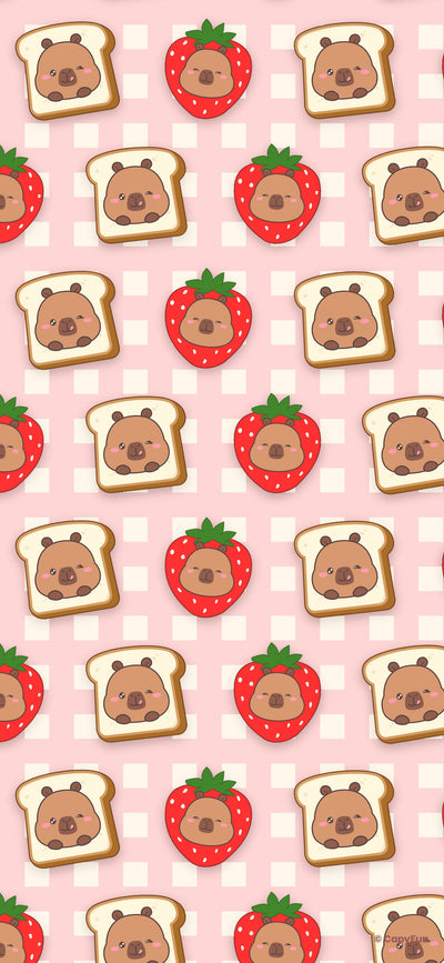 Capybara phone wallpaper: strawberry and toast capybara pattern