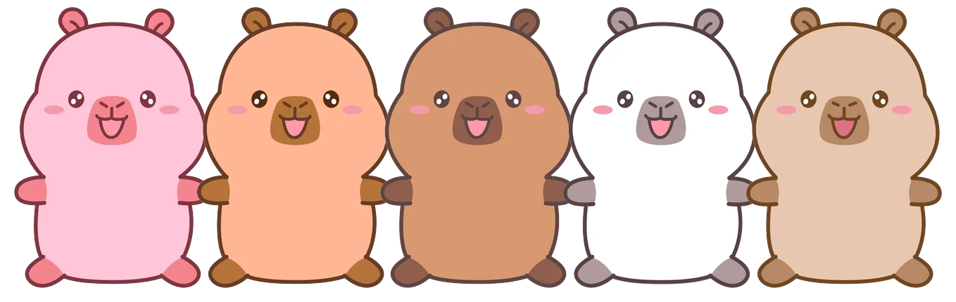 Cali, Cavin, Capy, Coco and Cody, the five CapyFun capybara friends, standing in a row