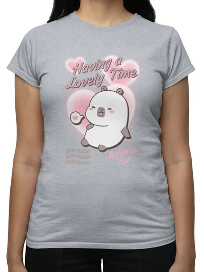 Woman wearing a CapyFun capybara t-shirt